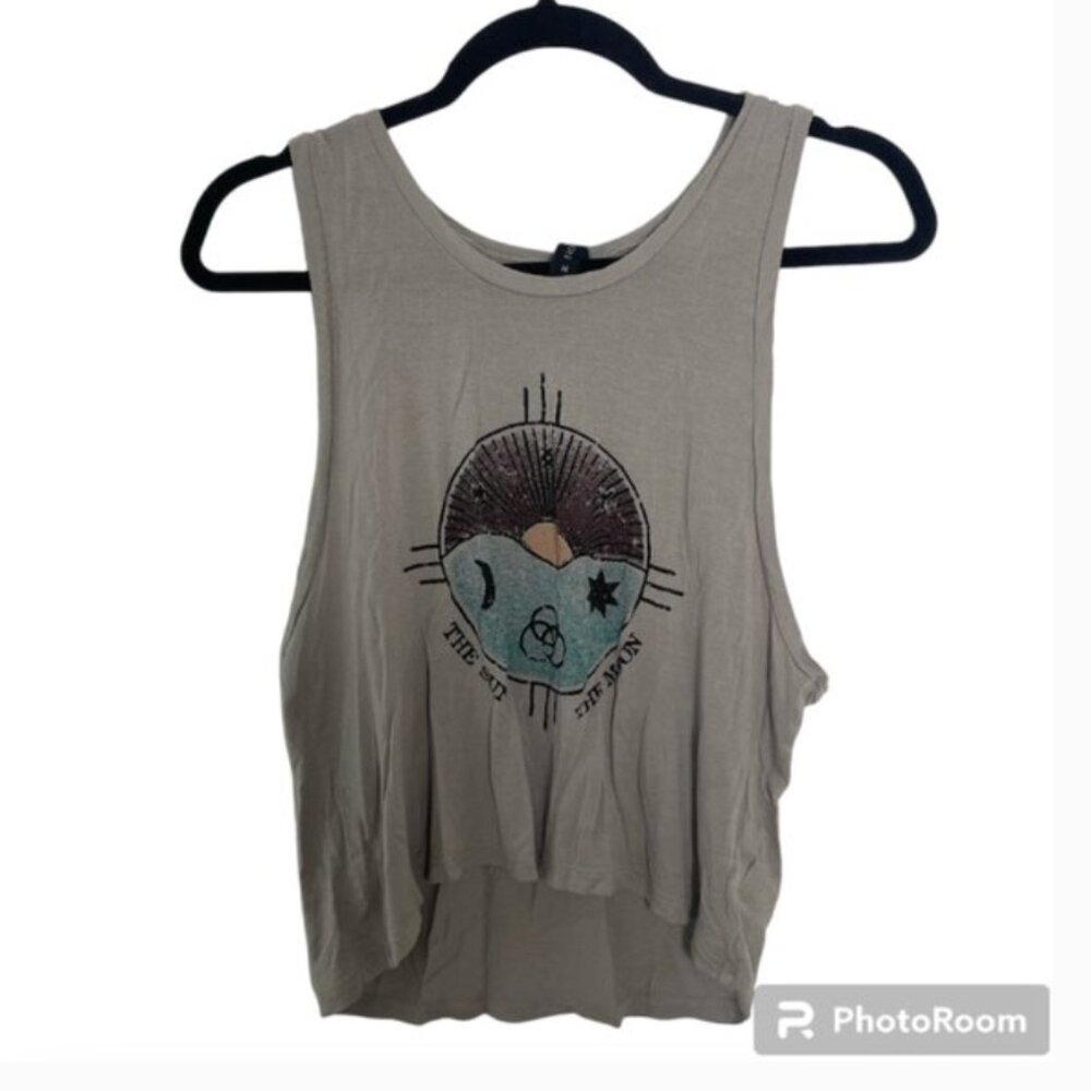 Cutoff Cut Sun Moon Hippie Hipster Art Deco Farm Chic Planets Sky Top Blouse